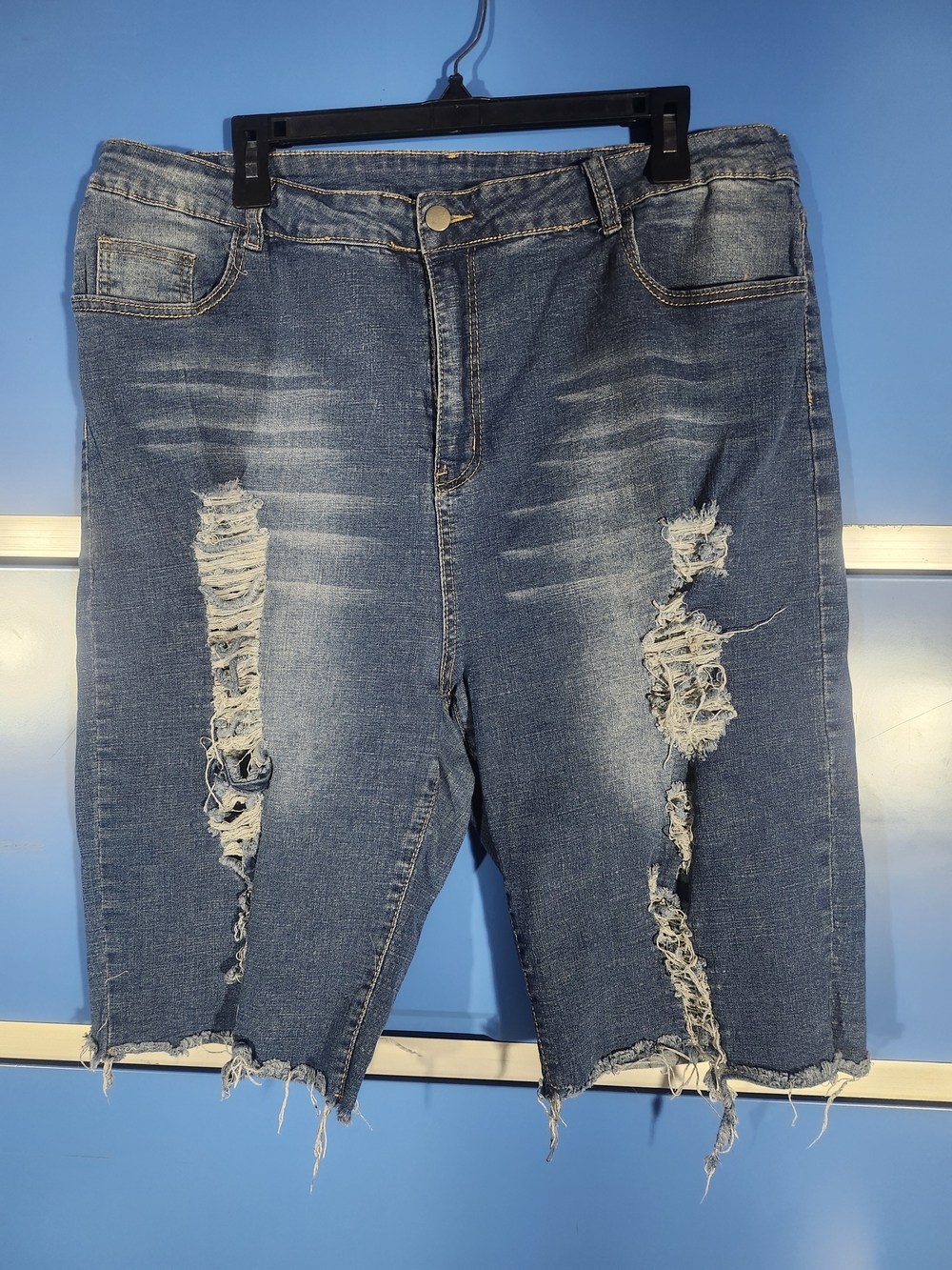 SHEIN Distressed Super Stretchy Long Shorts Medium Blue Denim - Size 20